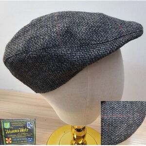 Vintage HANNA HATS Donegal Herringbone Tweed Flat Cap S Gray Windowpane Irish